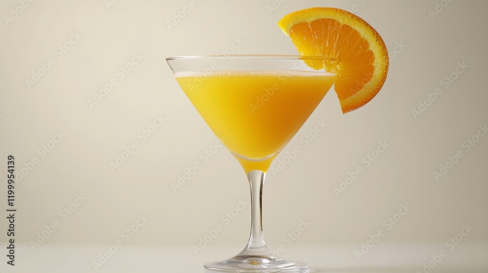 A minimalist presentation of freshly squeezed orange juice in a clear glass, with a vibrant orange slice on the rim and a clean white background for a fresh look. A minimalist presentation of freshly squeezed orange juice in a clear glass, with a vibrant orange slice on the rim and a clean white background for a fresh look.