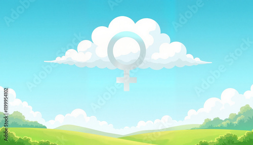 Feminine symbol in clouds above green landscape, female symbol