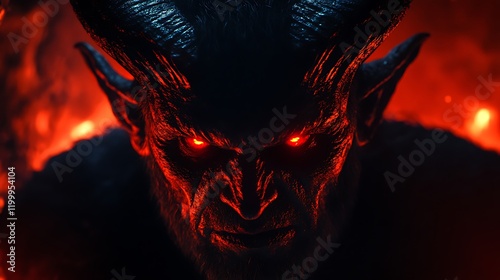 Intense close-up of a demon with sharp horns and glowing red eyes, set in a dark fantasy and horror atmosphere