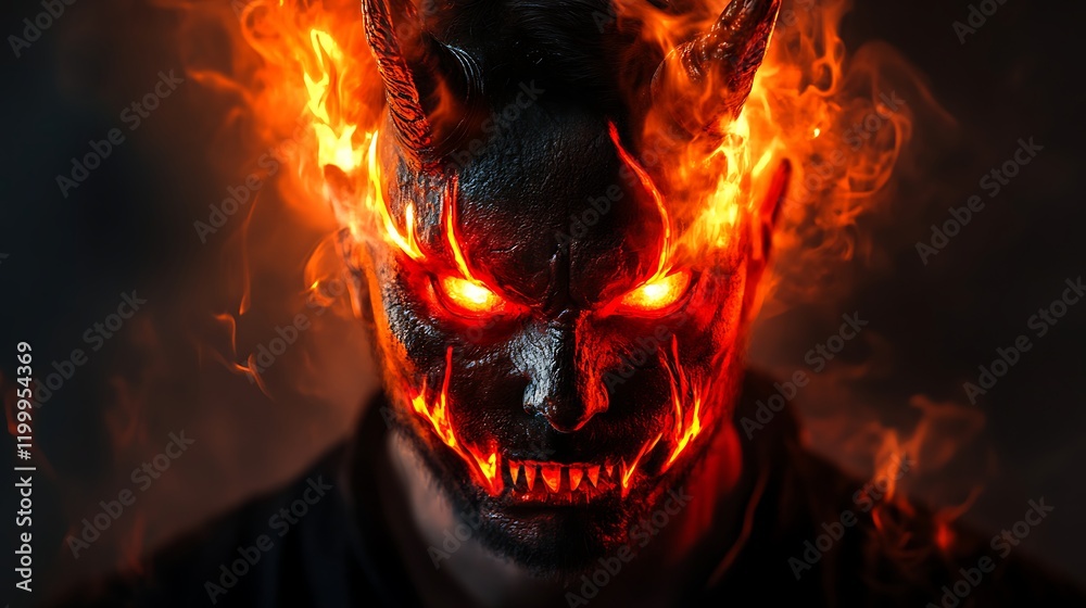 Fiery demonic face with glowing red eyes and sharp horns, creating a supernatural horror and mythical creature theme Fiery demonic face with glowing red eyes and sharp horns, creating a supernatural horror and mythical creature theme