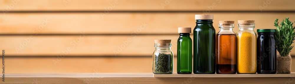 A collection of colorful glass bottles filled with various natural beverages, displayed on a wooden shelf, symbolizing health. A collection of colorful glass bottles filled with various natural beverages, displayed on a wooden shelf, symbolizing health.