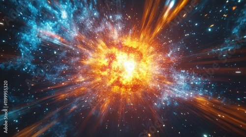 Stunning cosmic explosion with dynamic energy trails and vibrant colors of blue and orange