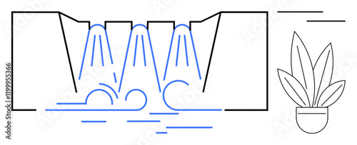 Water cascades flowing in minimalistic style beside a potted plant. Ideal for sustainability, nature, serenity, minimalism, relaxation, decor, wellness themes. Abstract line flat metaphor