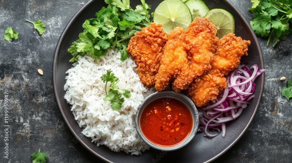 A plate of crispy fried chicken, served with aromatic jasmine rice, and accompanied by a dipping sauce, placed on a traditional Thai-style dish with vibrant colors A plate of crispy fried chicken, served with aromatic jasmine rice, and accompanied by a dipping sauce, placed on a traditional Thai-style dish with vibrant colors