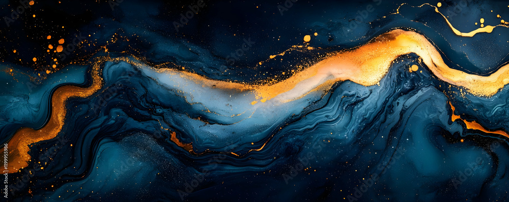 Abstract gold, blue art, fluid texture background