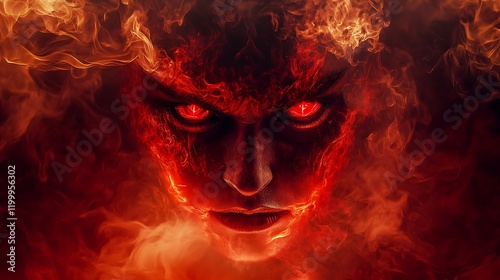 A devil with glowing red eyes and a menacing stance surrounded by the burning depths of hell with molten lava and smoke