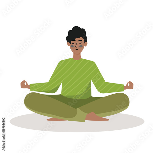 Person in a green striped top and trousers seated in a cross legged yoga pose