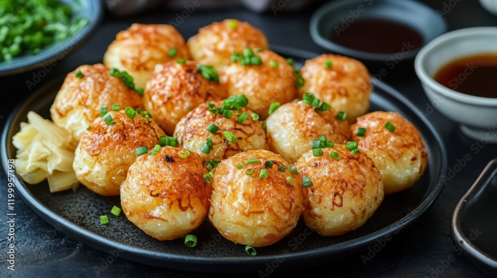 A platter of takoyaki balls with a golden-brown crust, served on a dark plate with a side of pickled ginger and dipping sauce A platter of takoyaki balls with a golden-brown crust, served on a dark plate with a side of pickled ginger and dipping sauce