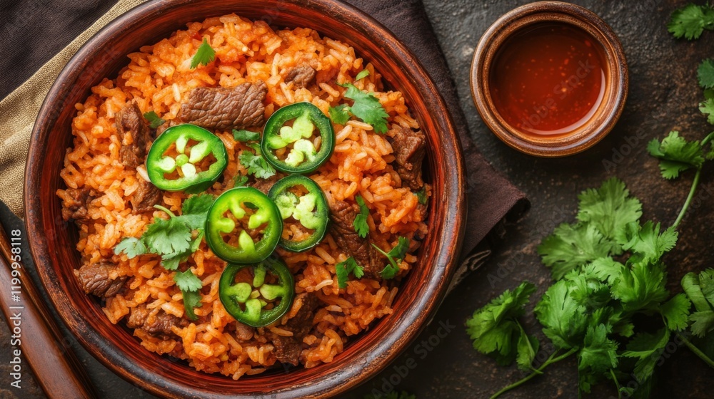 A rustic setting featuring a bowl of beef rice with sliced jalapeos and a side of soy sauce, highlighting the dish's spicy and savory flavors. A rustic setting featuring a bowl of beef rice with sliced jalapeos and a side of soy sauce, highlighting the dish's spicy and savory flavors.