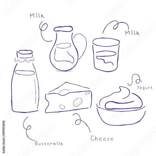 hand drawn line art vector of dairy products.