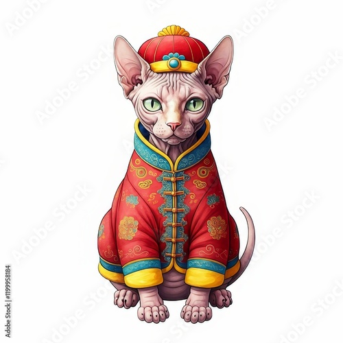 Sphynx Cat in Traditional Chinese Clothing - A Sphynx cat, hairless and elegant, models a vibrant red Chinese Changshan, symbolizing tradition, prosperity, good fortune, and feline grace.  The image e photo