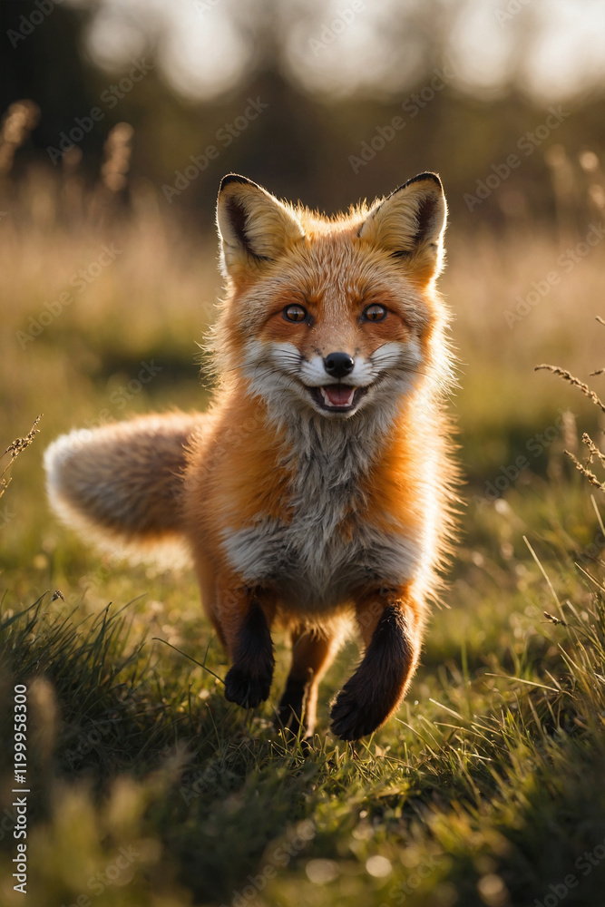 Fototapeta premium Majestic fox running through a golden field. Natural and beautiful wildlife scene, perfect for nature and animal themed content
