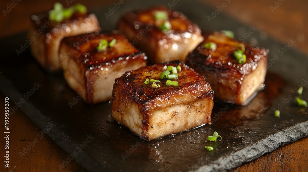 A serving of fried pork belly with a glistening fish sauce coating, placed on a dark stone plate, with warm lighting creating a rich, appetizing atmosphere A serving of fried pork belly with a glistening fish sauce coating, placed on a dark stone plate, with warm lighting creating a rich, appetizing atmosphere