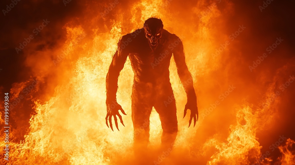 Fototapeta premium A dark and twisted devil figure with sharp claws standing in the middle of a hellish inferno with flames and smoke rising around it