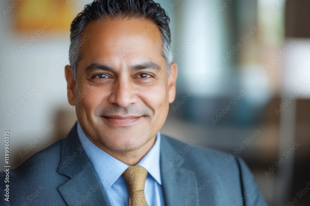 Fototapeta premium Professional portrait of a successful hispanic or indian business executive, mature male ceo in a tailored suit, smiling confidently in a modern corporate office environment