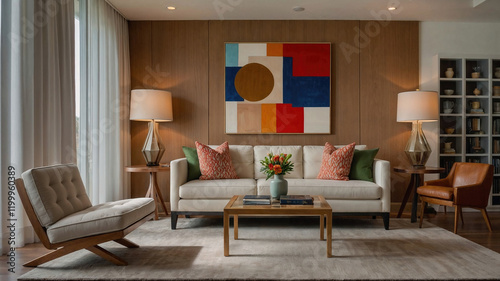 Modern living room with cozy furniture, abstract art, neutral tones, and elegant decor