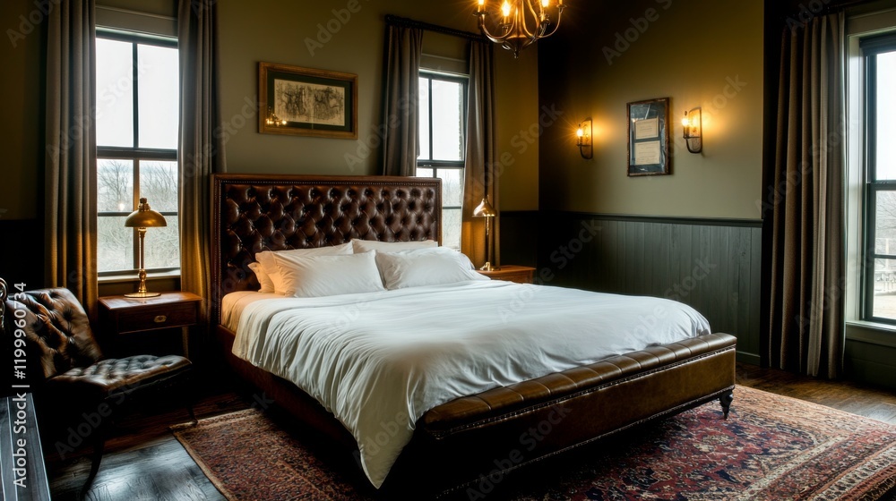 Fototapeta premium A sophisticated, minimalist bedroom with a large bed framed by polished wood, elegant lighting fixtures, and rich textures like leather and velvet throughout