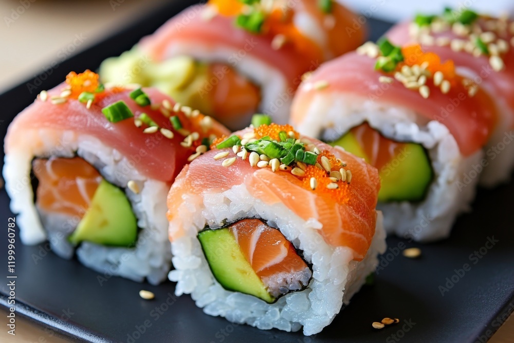 Delicious sushi rolls presented on a black plate showcasing fresh salmon, avocado, and garnishes in a lively dining environment Delicious sushi rolls presented on a black plate showcasing fresh salmon, avocado, and garnishes in a lively dining environment
