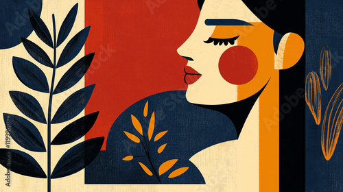 Bright, colorful illustration of a young indigenous woman with abstract natural details. A creative blend of tradition, culture, and artistic expression in warm, inviting tones.