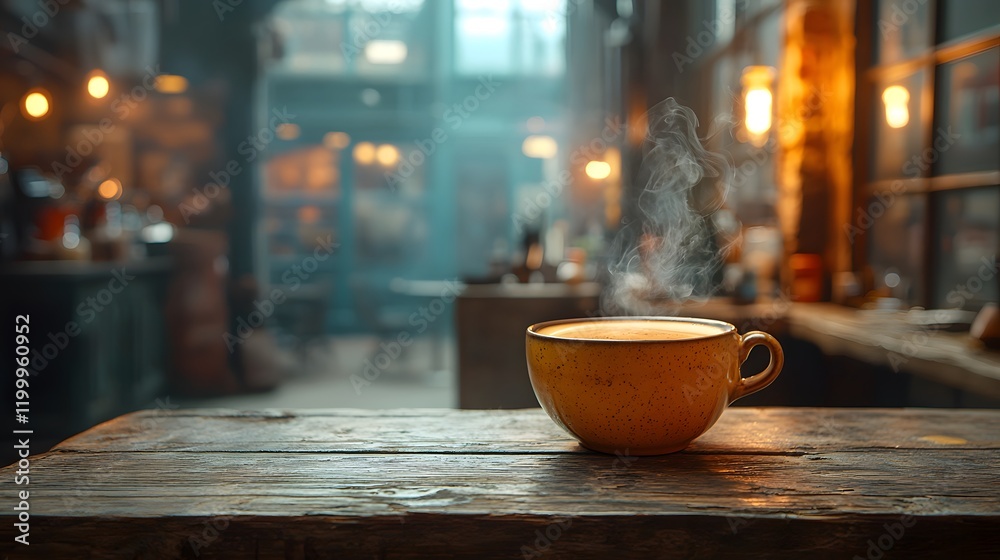 Warm and Inviting Cup of Coffee with Steam Rising on Rustic Wooden Table in Cozy Café Atmosphere Warm and Inviting Cup of Coffee with Steam Rising on Rustic Wooden Table in Cozy Café Atmosphere