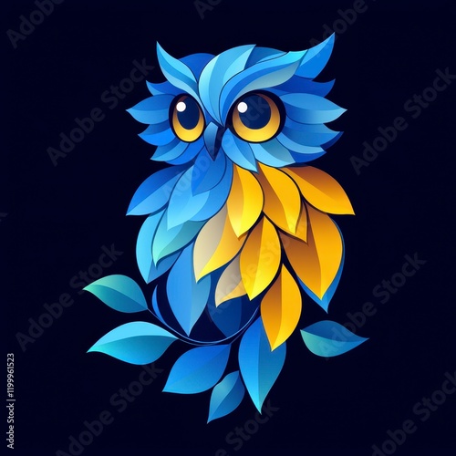 Blue and gold owl illustration with leaf pattern. photo