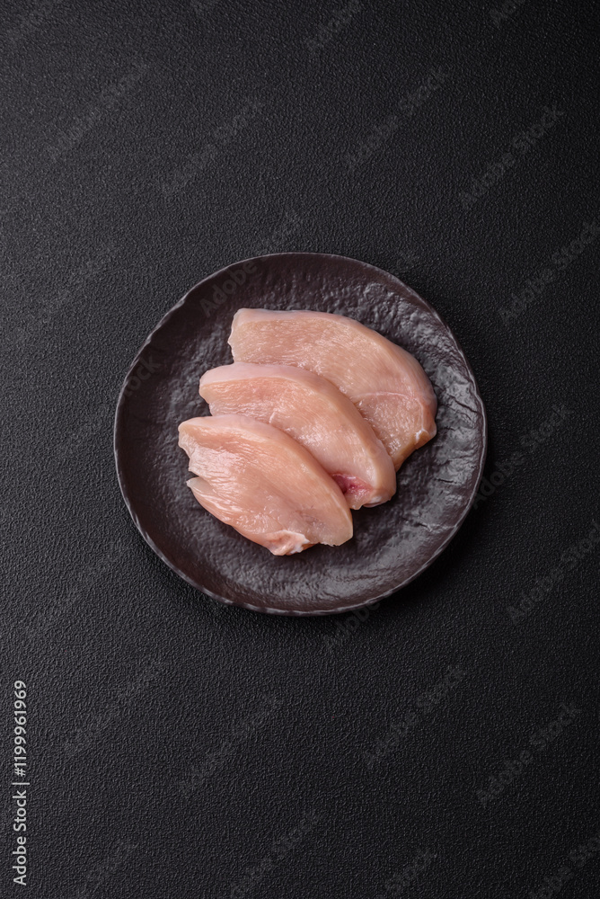 Obraz premium Fresh chicken fillet on a dark concrete table with spices and herbs