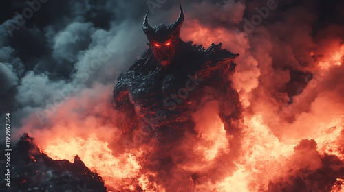 Fototapeta Naklejka Na Ścianę i Meble -  A dark devil figure with glowing red eyes and sharp horns standing amidst the flames of hell with molten lava and smoke rising around it