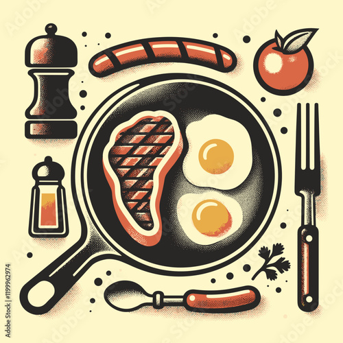 Classic breakfast plate with steak, eggs, and sausage in a vintage style with copy space.