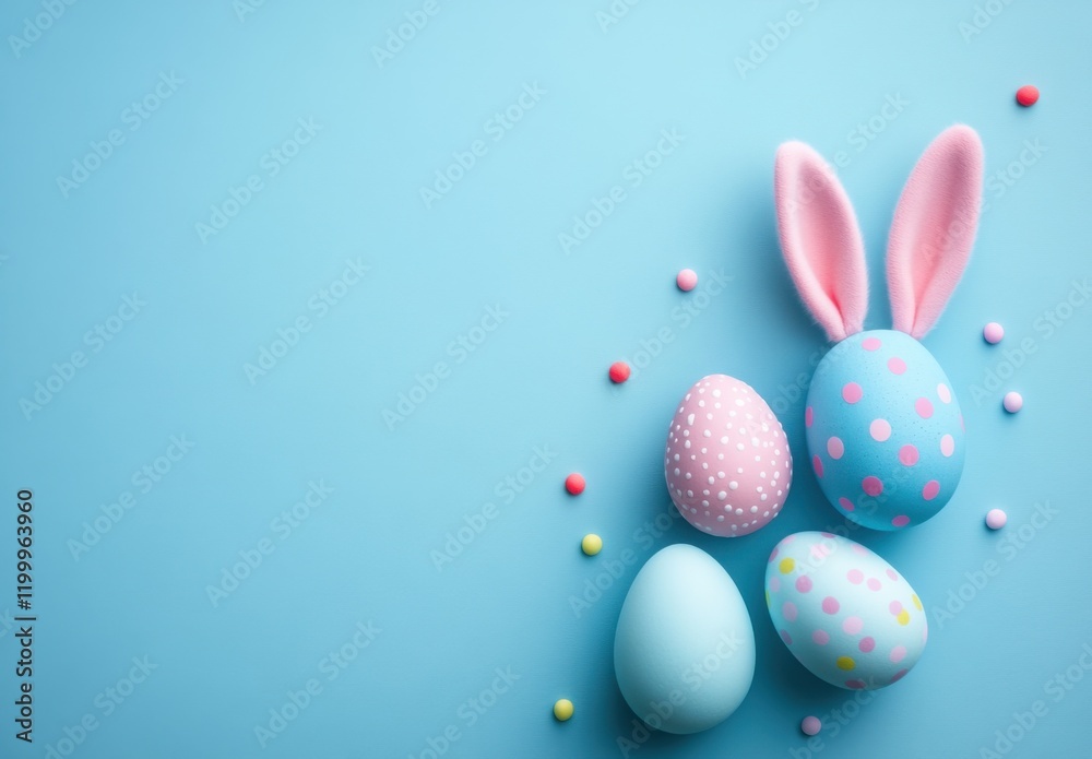 Easter celebration with colorful eggs and bunny ears spring design blue background festive atmosphere Easter celebration with colorful eggs and bunny ears spring design blue background festive atmosphere