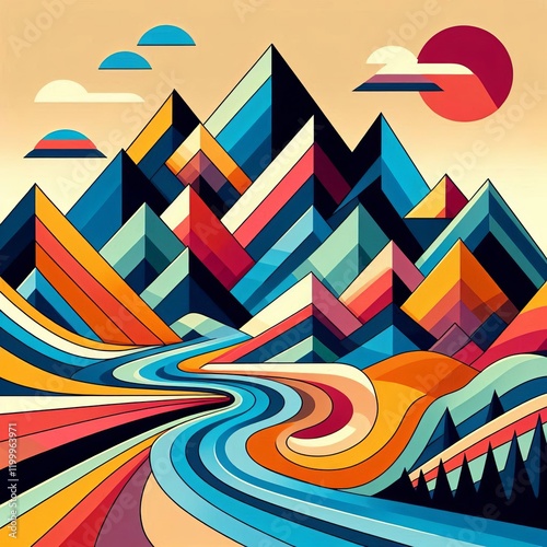 Geometric Landscape A landscape formed from geometric shapes suc photo