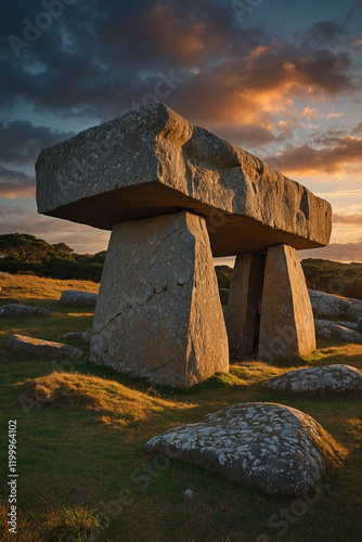 Ancient stone dolmen with trees in the background. Mystical and peaceful, ideal for historical, travel, and nature themed content