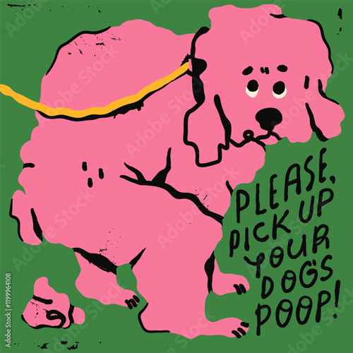 Cute little poodle dog pooping while looking at the camera. Hand drawn Vector illustration. Clean after your dog, no pooping sign. Littering not allowed, cleaning up, picking up waste concept