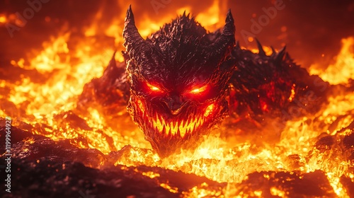 A sinister devil with glowing red eyes and a menacing grin standing amidst the flames of hell surrounded by molten lava
