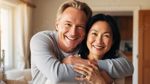 A happy, smiling middle-aged romantic couple, an older man and woman, hugging and standing together at home, enjoying their bond and looking at the camera.

 photo