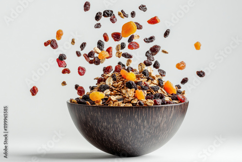 "Bowl of granola with colorful dried fruit and nuts against a rustic backdrop."