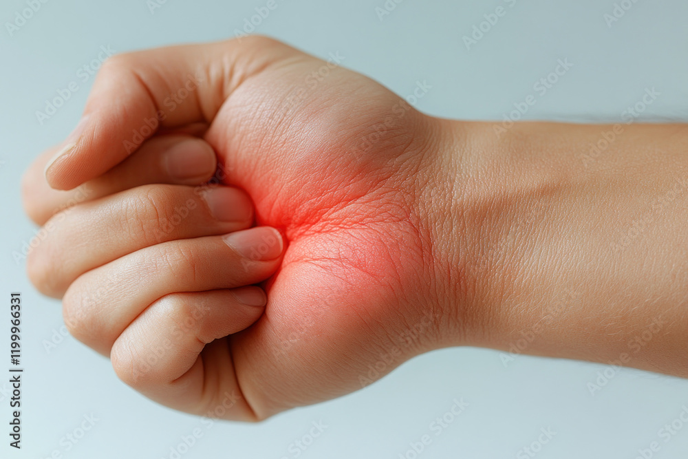 Hand holding red spot on wrist, close-up. Medical examination for possible skin condition or injury. Evaluation of skin health and possible treatment needed. Hand holding red spot on wrist, close-up. Medical examination for possible skin condition or injury. Evaluation of skin health and possible treatment needed.