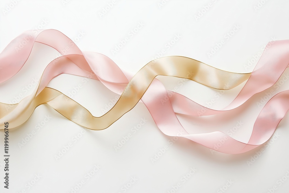 Delicate pink and gold flowing ribbon swirl on white background, top view Delicate pink and gold flowing ribbon swirl on white background, top view