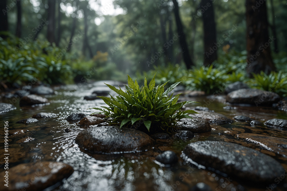 Tranquil scene of a small stream with plants growing on rocks. Moody and serene, perfect for nature, forest and calm themes Tranquil scene of a small stream with plants growing on rocks. Moody and serene, perfect for nature, forest and calm themes