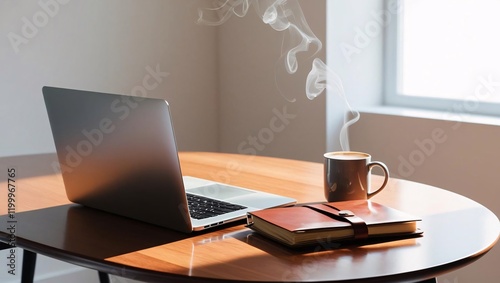 A laptop, cup, and diary placed on a table in an office setting, creating a productive workspace.

 photo