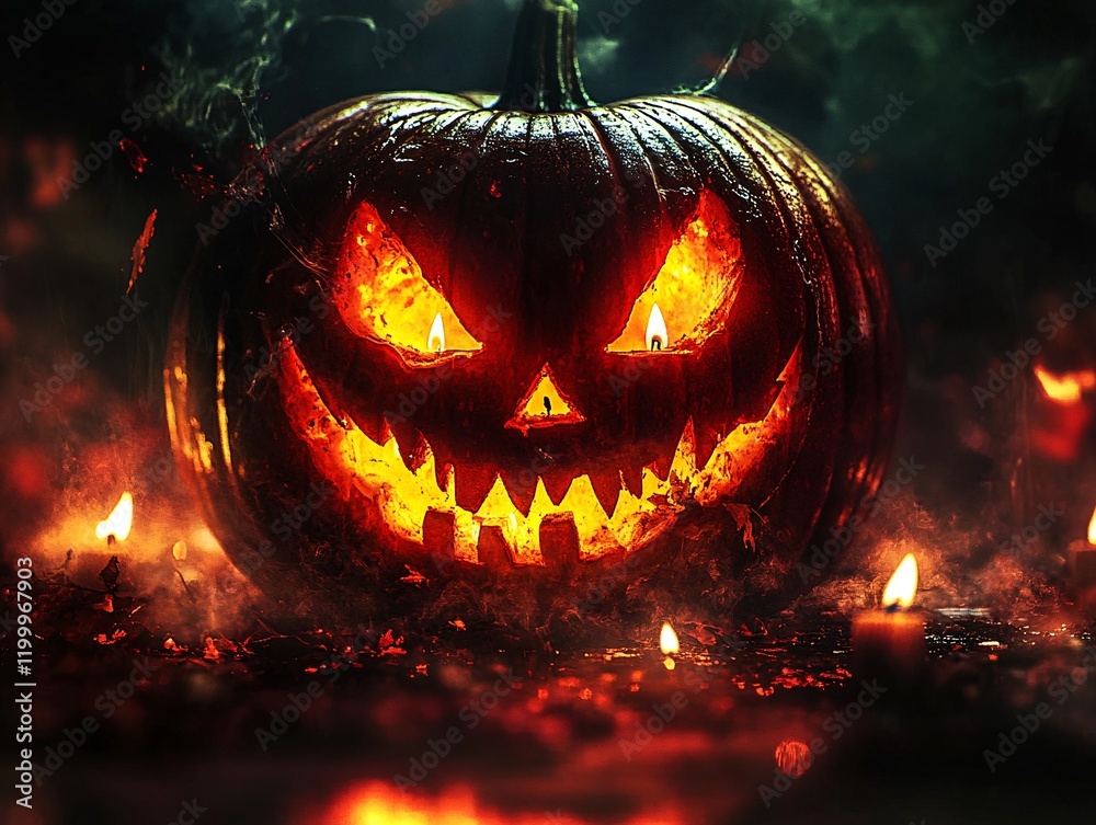 Fototapeta premium Fiery Halloween Pumpkin Jack O Lantern Night Scene