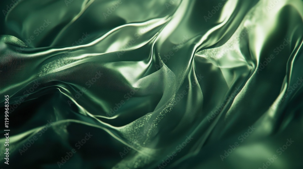 Fototapeta premium Abstract close-up of flowing green fabric with delicate shimmer and subtle folds