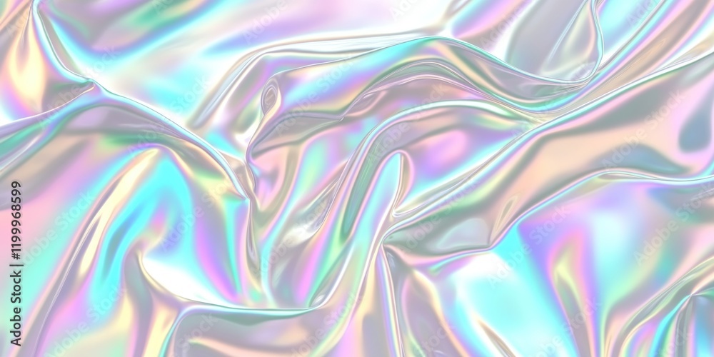 Fototapeta premium Colorful iridescent, holographic rainbow foil texture background. Iridescent fabric trendy cloth holographic texture purple pink blue metal