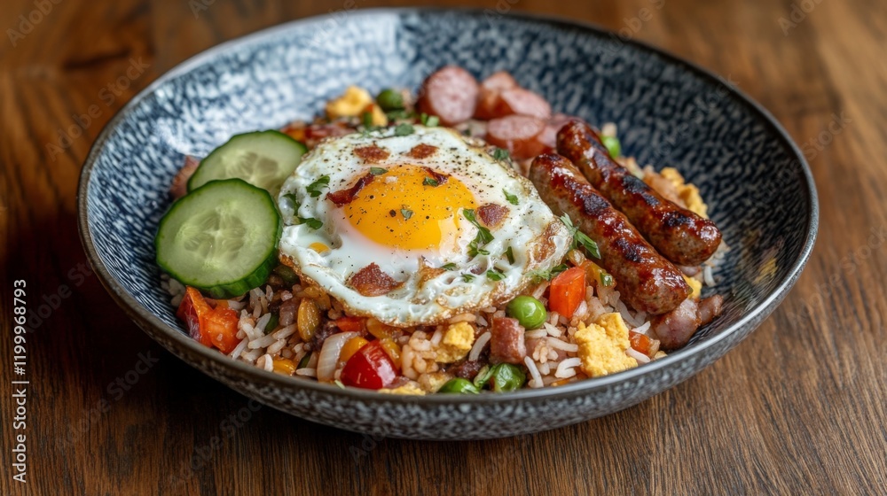 A vibrant plate of American fried rice with eggs, sausage, and vegetables, garnished with a slice of cucumber and tomato, set on a wooden table A vibrant plate of American fried rice with eggs, sausage, and vegetables, garnished with a slice of cucumber and tomato, set on a wooden table