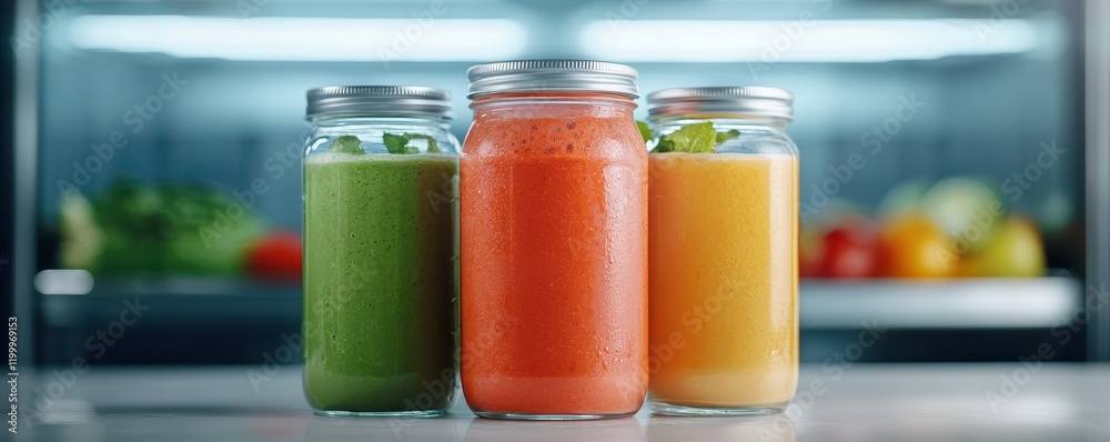 Ensuring safety and quality in food storage glassdoor refrigerator with fresh juices modern kitchen indoor view Ensuring safety and quality in food storage glassdoor refrigerator with fresh juices modern kitchen indoor view