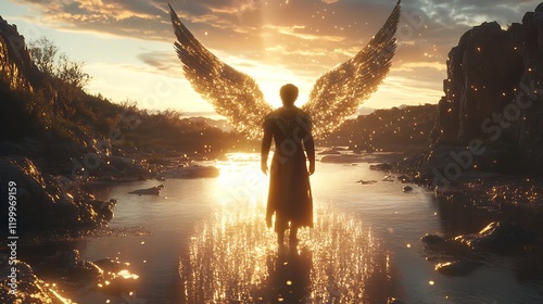 Archangel Gabriel standing by a river of light with his wings reflecting the celestial glow of the setting sun