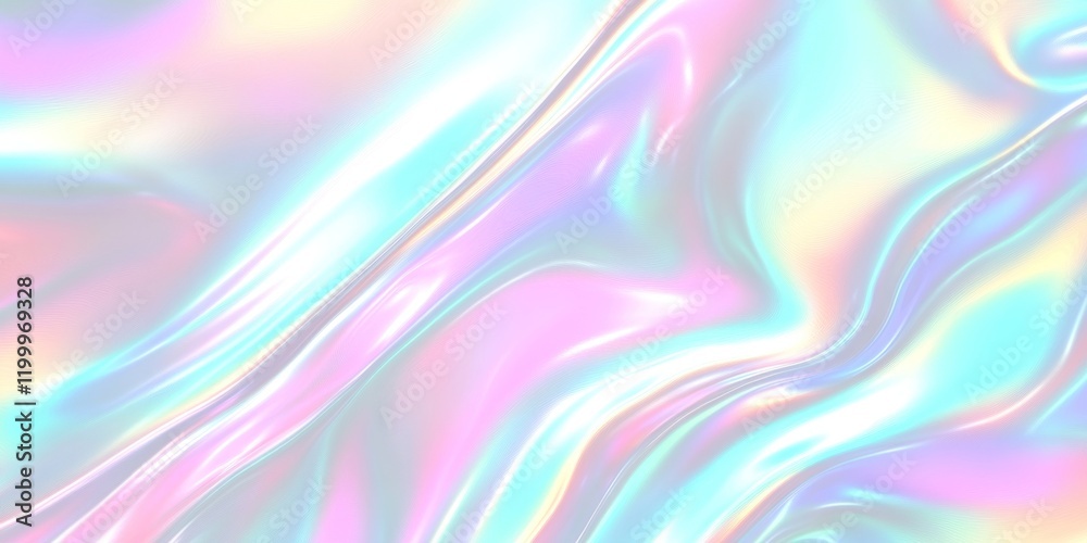Obraz premium Colorful iridescent, holographic rainbow foil texture background. Iridescent fabric trendy cloth holographic texture purple pink blue metal