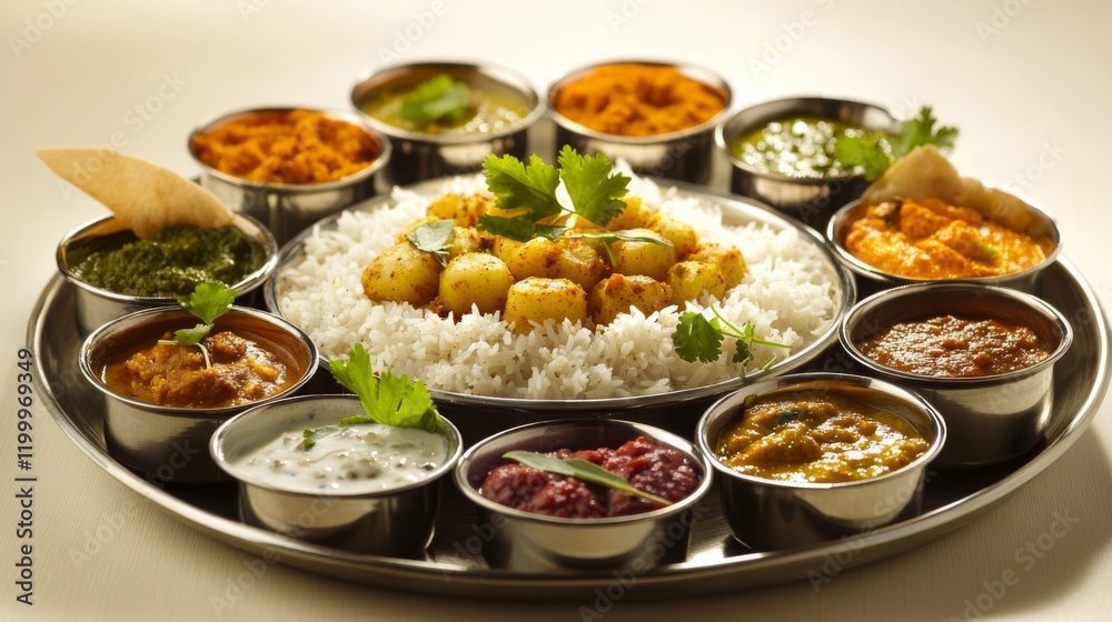 A vibrant presentation of aloo gobi in a traditional Indian thali, garnished with fresh herbs and served with rice and lentil curry for an appetizing look. A vibrant presentation of aloo gobi in a traditional Indian thali, garnished with fresh herbs and served with rice and lentil curry for an appetizing look.