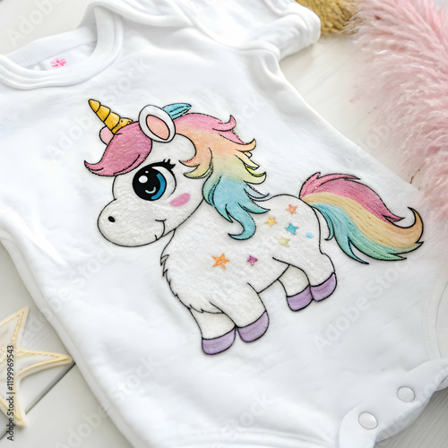 Adorable Rainbow Unicorn Baby Bodysuit Cute Infant Outfit Lovely Childrenswear Soft Embroidered      photo