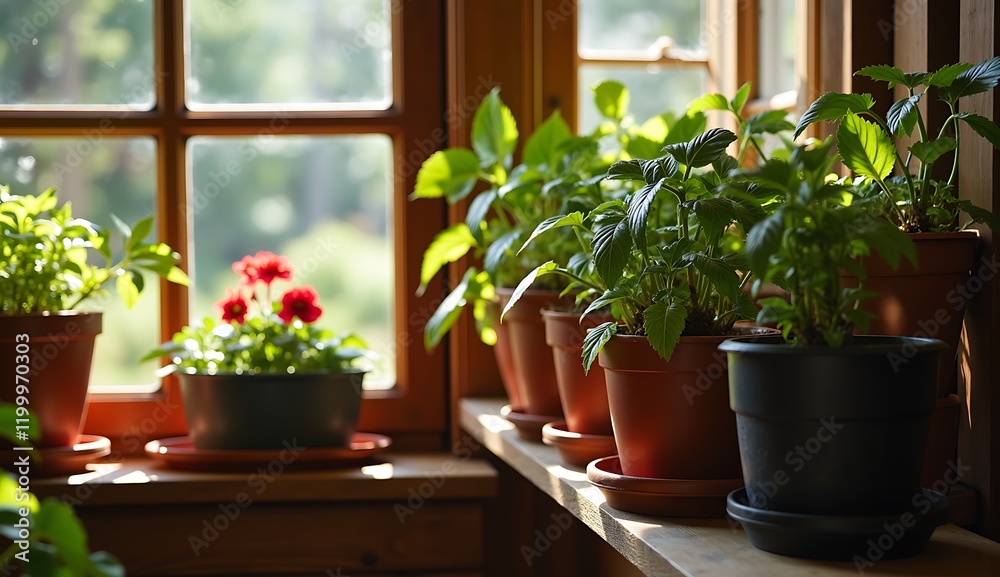 Indoor plants growing on windowsill Indoor plants growing on windowsill
