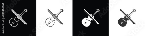 Play violin with bow icon set. String musical instrument vector icon for music. Violin icon vector illustration in black, white and transparent background. Eps10